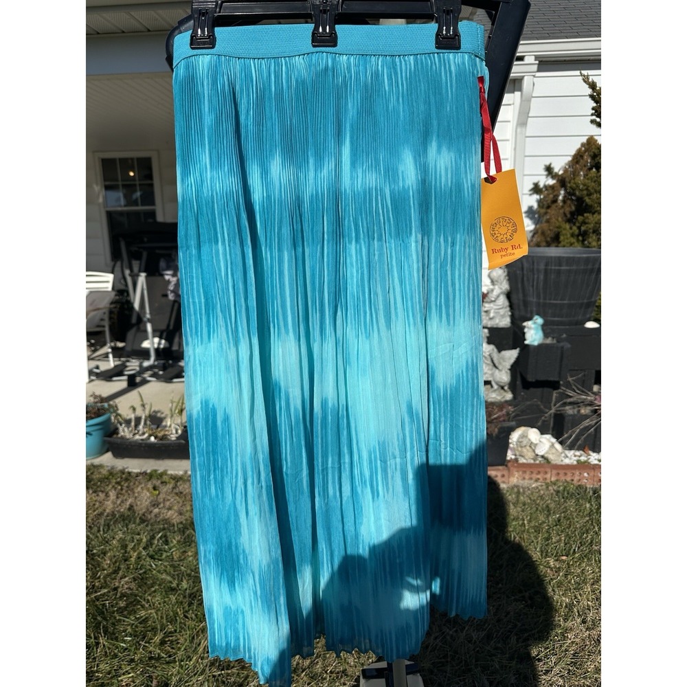 NWT Ruby Rd‎ long Pleated Skirt Turquois Blue Size 8P Petite  Elastic waist 28"
